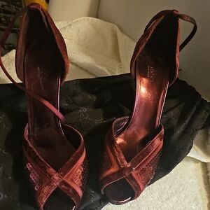 Gucci Metallic Burgundy Cross-Strap Peep-Toe Heels